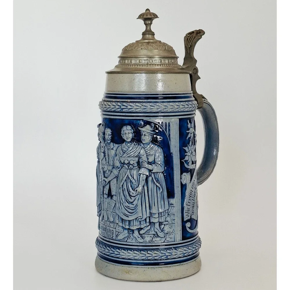 Vintage German 1L Beer Stein Cobalt Relief Pewter Lid #789 Einladung zum Tanz